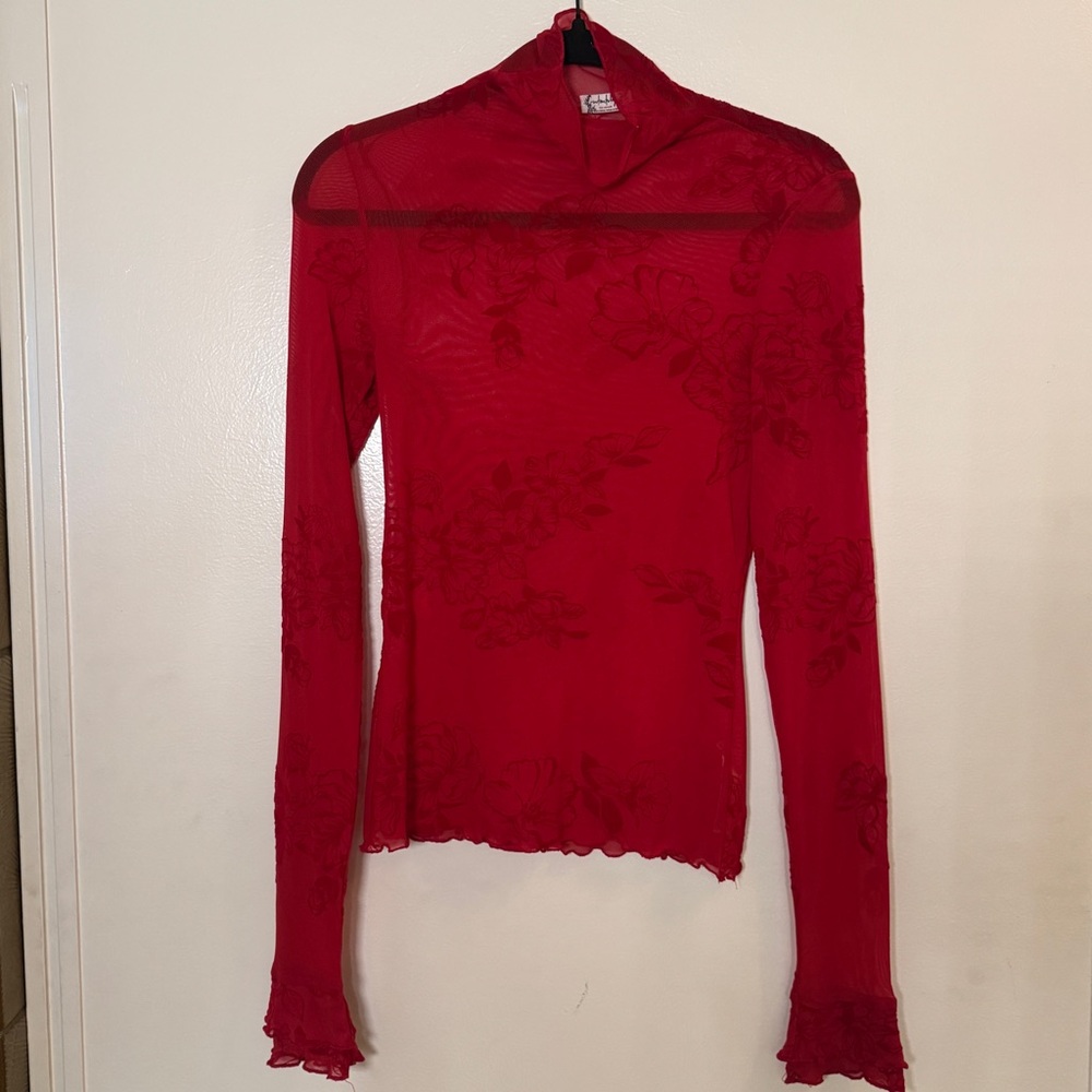 Free People Red Mesh Long Sleeve Shirt with floral detailing